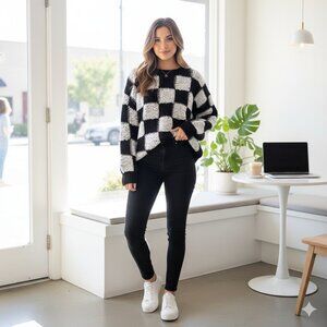 J.ING Jing Black & White Checker Oversized  Pullover Sweater One Size Preowned
